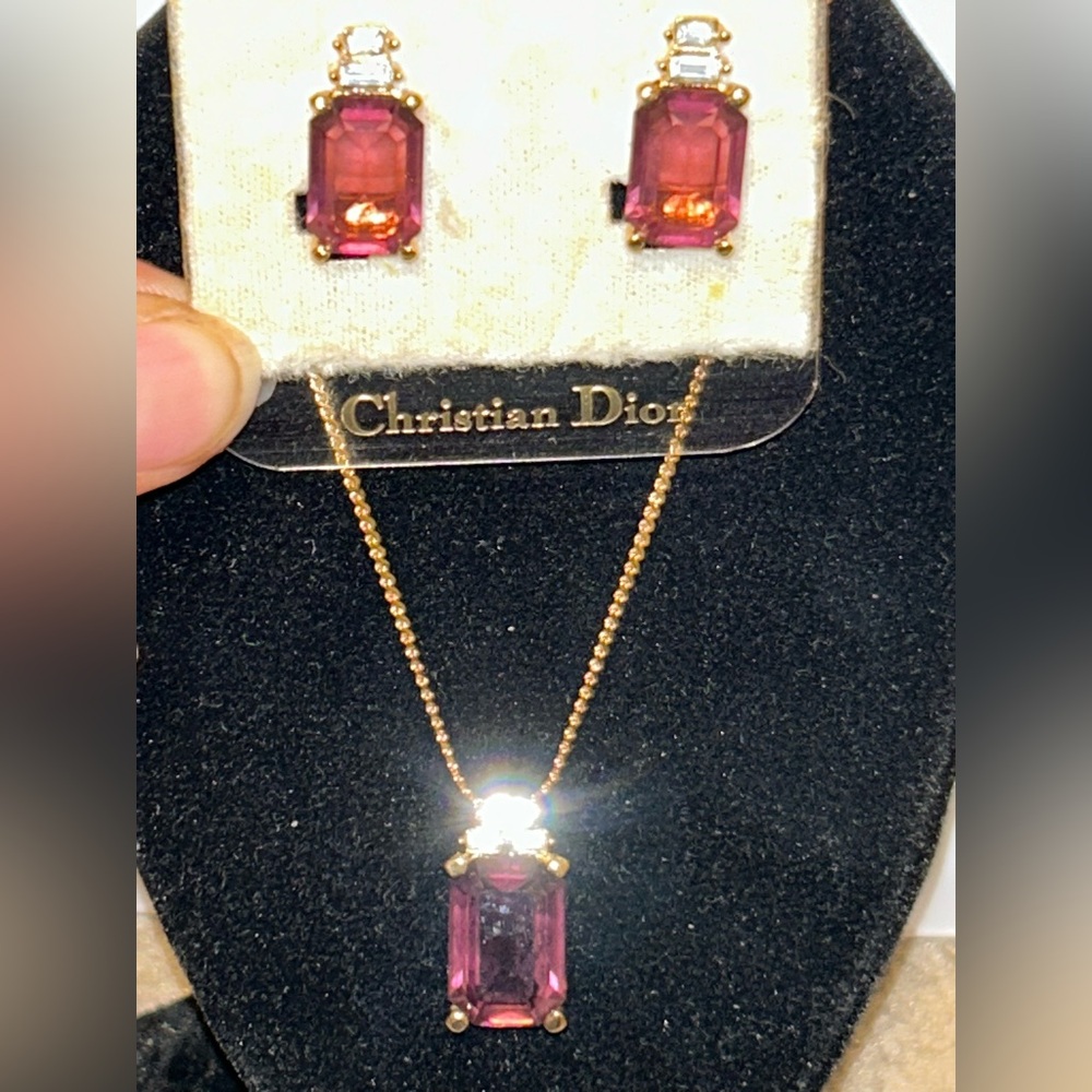 Vintage Christian Dior Necklace and Clip-On Earring Set Gold Tone Pink Stone